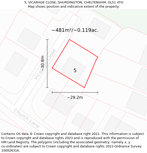 5, VICARAGE CLOSE, SHURDINGTON, CHELTENHAM, GL51 4TH: Plot and title map