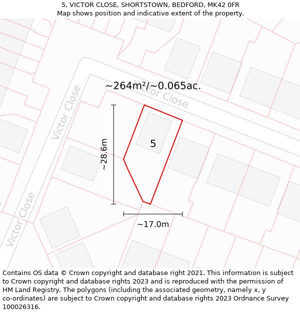 5, VICTOR CLOSE, SHORTSTOWN, BEDFORD, MK42 0FR: Plot and title map