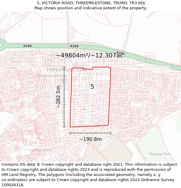 5, VICTORIA ROAD, THREEMILESTONE, TRURO, TR3 6DJ: Plot and title map