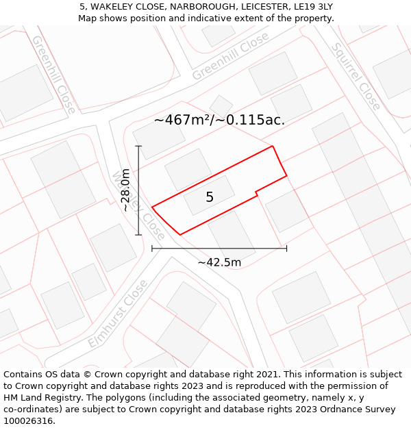 5, WAKELEY CLOSE, NARBOROUGH, LEICESTER, LE19 3LY: Plot and title map