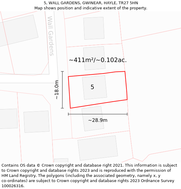 5, WALL GARDENS, GWINEAR, HAYLE, TR27 5HN: Plot and title map