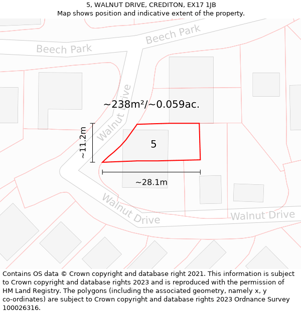 5, WALNUT DRIVE, CREDITON, EX17 1JB: Plot and title map