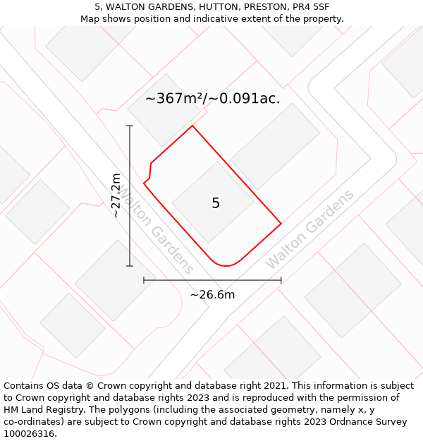 5, WALTON GARDENS, HUTTON, PRESTON, PR4 5SF: Plot and title map