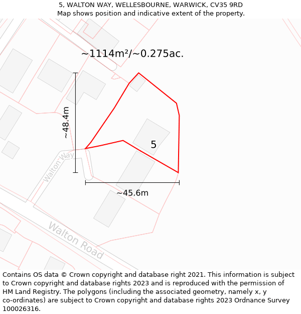 5, WALTON WAY, WELLESBOURNE, WARWICK, CV35 9RD: Plot and title map