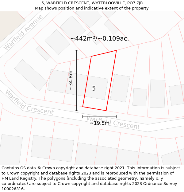 5, WARFIELD CRESCENT, WATERLOOVILLE, PO7 7JR: Plot and title map