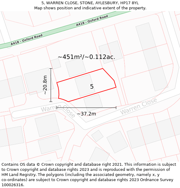 5, WARREN CLOSE, STONE, AYLESBURY, HP17 8YL: Plot and title map