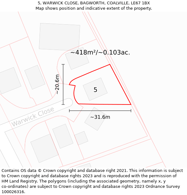 5, WARWICK CLOSE, BAGWORTH, COALVILLE, LE67 1BX: Plot and title map