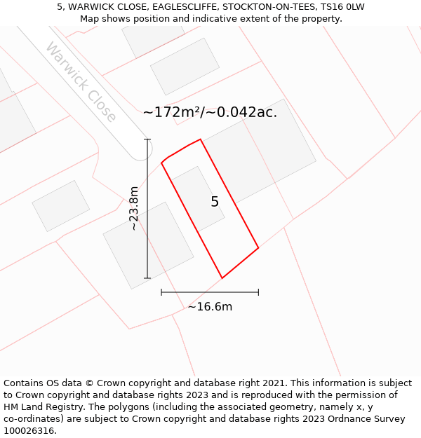 5, WARWICK CLOSE, EAGLESCLIFFE, STOCKTON-ON-TEES, TS16 0LW: Plot and title map