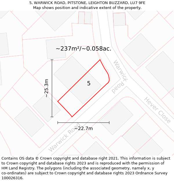 5, WARWICK ROAD, PITSTONE, LEIGHTON BUZZARD, LU7 9FE: Plot and title map