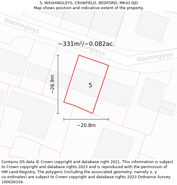 5, WASHINGLEYS, CRANFIELD, BEDFORD, MK43 0JD: Plot and title map