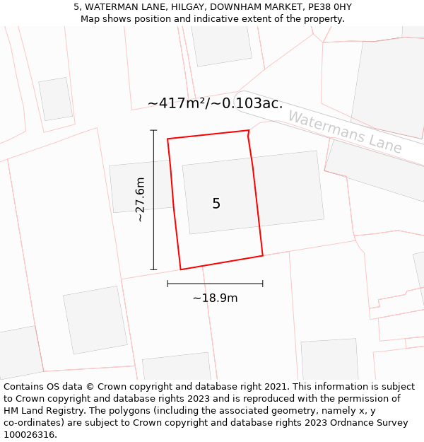 5, WATERMAN LANE, HILGAY, DOWNHAM MARKET, PE38 0HY: Plot and title map