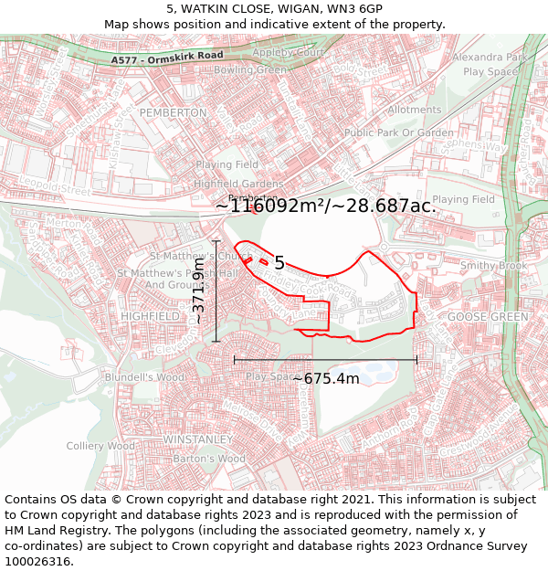 5, WATKIN CLOSE, WIGAN, WN3 6GP: Plot and title map