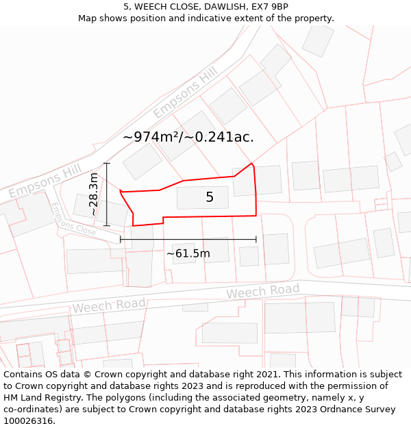 5, WEECH CLOSE, DAWLISH, EX7 9BP: Plot and title map