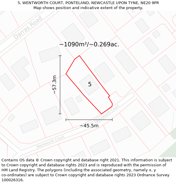 5, WENTWORTH COURT, PONTELAND, NEWCASTLE UPON TYNE, NE20 9PR: Plot and title map