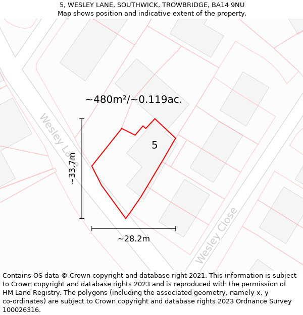 5, WESLEY LANE, SOUTHWICK, TROWBRIDGE, BA14 9NU: Plot and title map