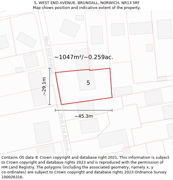 5, WEST END AVENUE, BRUNDALL, NORWICH, NR13 5RF: Plot and title map