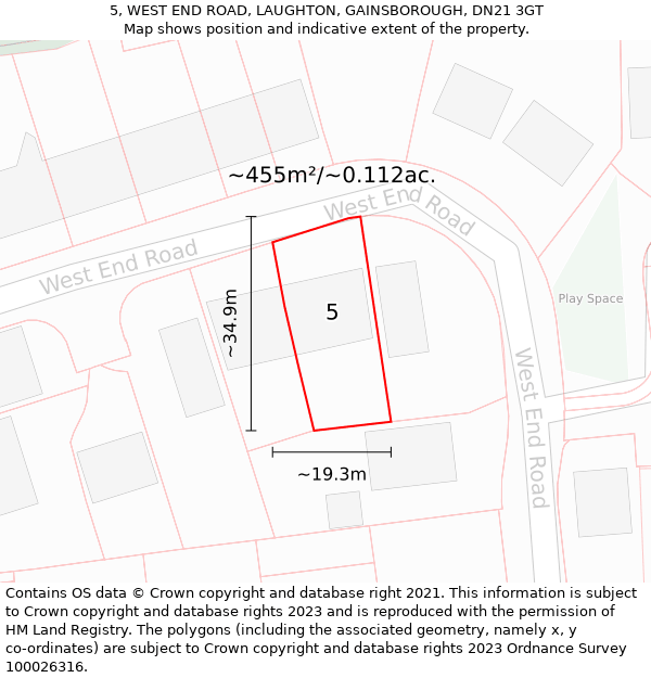 5, WEST END ROAD, LAUGHTON, GAINSBOROUGH, DN21 3GT: Plot and title map
