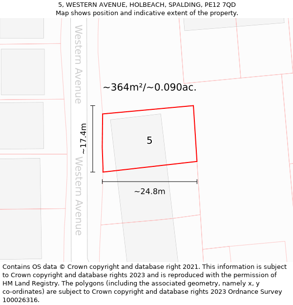 5, WESTERN AVENUE, HOLBEACH, SPALDING, PE12 7QD: Plot and title map