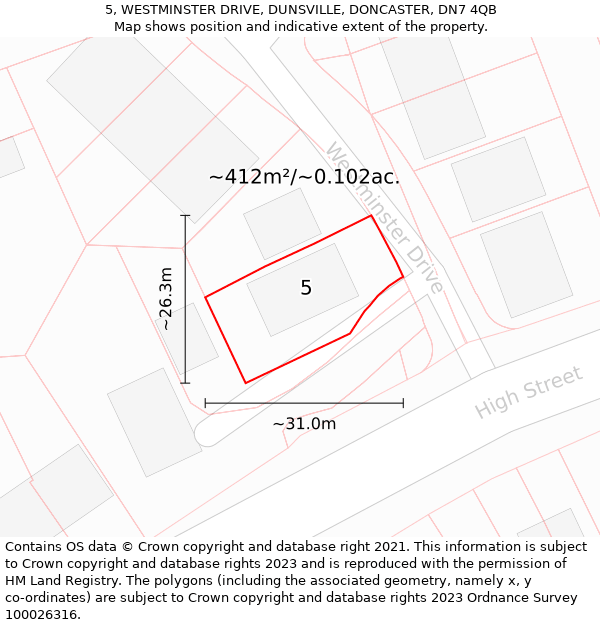 5, WESTMINSTER DRIVE, DUNSVILLE, DONCASTER, DN7 4QB: Plot and title map