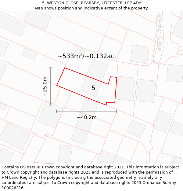 5, WESTON CLOSE, REARSBY, LEICESTER, LE7 4DA: Plot and title map