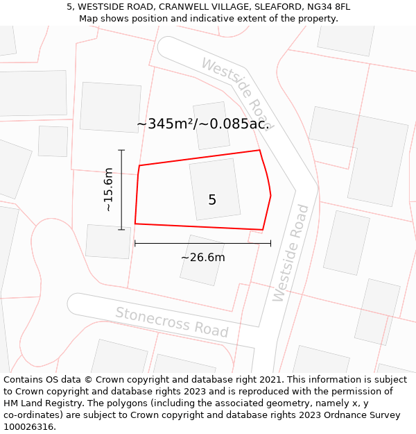 5, WESTSIDE ROAD, CRANWELL VILLAGE, SLEAFORD, NG34 8FL: Plot and title map