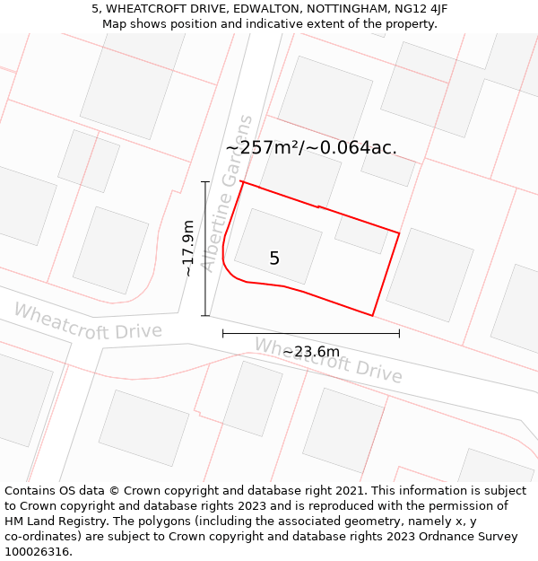 5, WHEATCROFT DRIVE, EDWALTON, NOTTINGHAM, NG12 4JF: Plot and title map