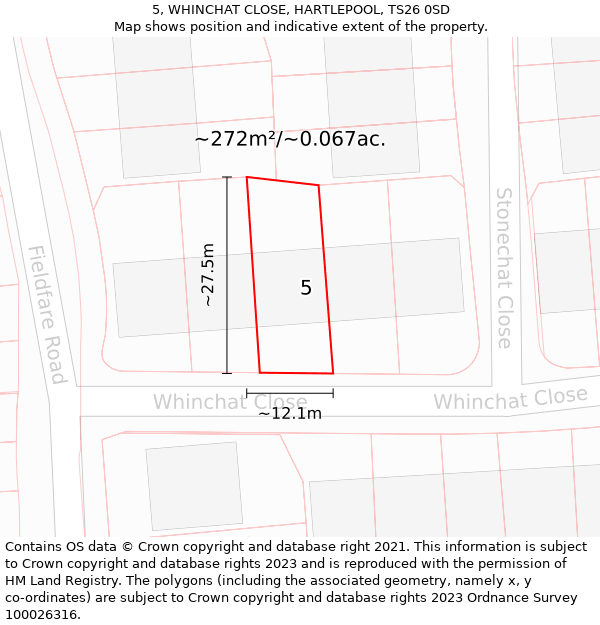 5, WHINCHAT CLOSE, HARTLEPOOL, TS26 0SD: Plot and title map