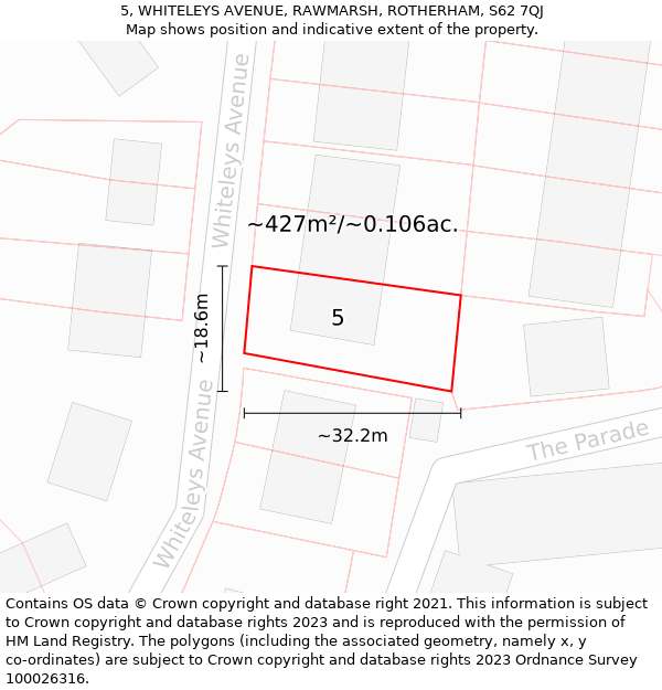 5, WHITELEYS AVENUE, RAWMARSH, ROTHERHAM, S62 7QJ: Plot and title map