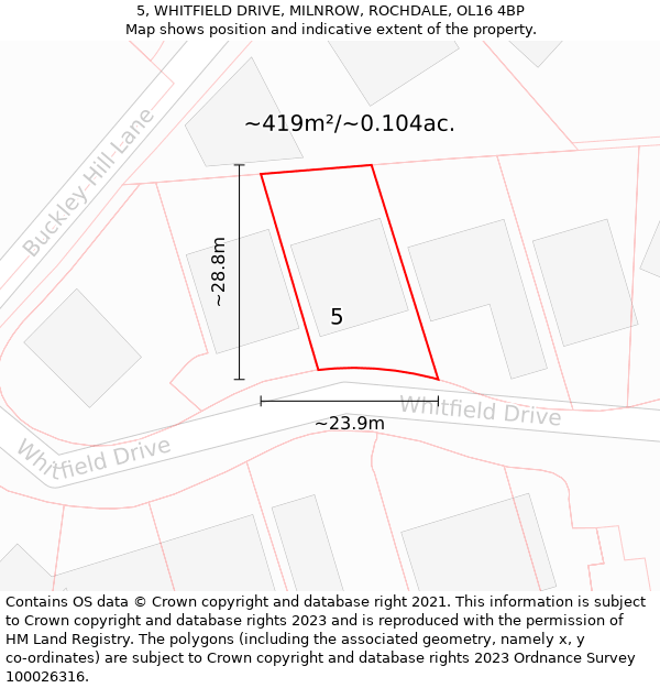 5, WHITFIELD DRIVE, MILNROW, ROCHDALE, OL16 4BP: Plot and title map