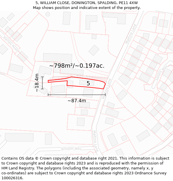 5, WILLIAM CLOSE, DONINGTON, SPALDING, PE11 4XW: Plot and title map