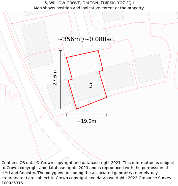 5, WILLOW GROVE, DALTON, THIRSK, YO7 3QH: Plot and title map