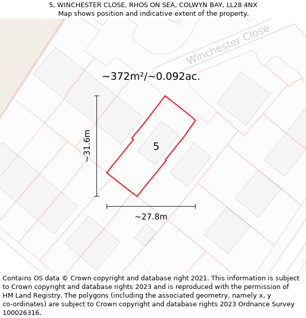 5, WINCHESTER CLOSE, RHOS ON SEA, COLWYN BAY, LL28 4NX: Plot and title map