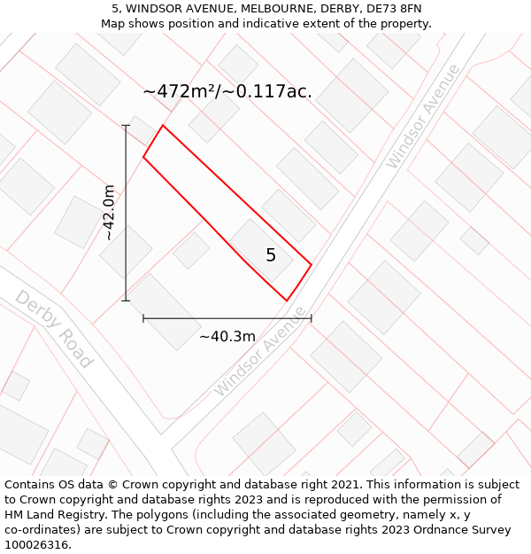 5, WINDSOR AVENUE, MELBOURNE, DERBY, DE73 8FN: Plot and title map