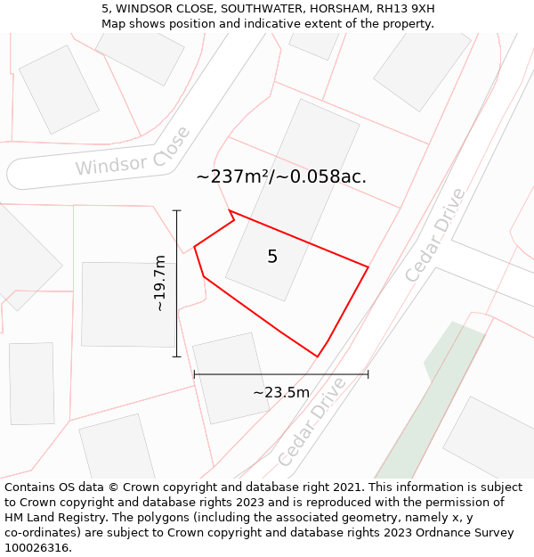 5, WINDSOR CLOSE, SOUTHWATER, HORSHAM, RH13 9XH: Plot and title map