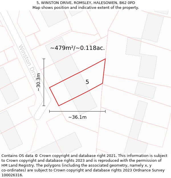 5, WINSTON DRIVE, ROMSLEY, HALESOWEN, B62 0PD: Plot and title map