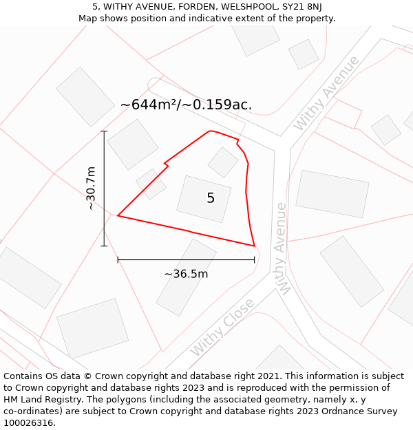 5, WITHY AVENUE, FORDEN, WELSHPOOL, SY21 8NJ: Plot and title map