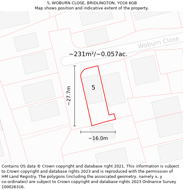 5, WOBURN CLOSE, BRIDLINGTON, YO16 6GB: Plot and title map