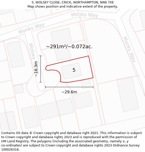 5, WOLSEY CLOSE, CRICK, NORTHAMPTON, NN6 7XE: Plot and title map