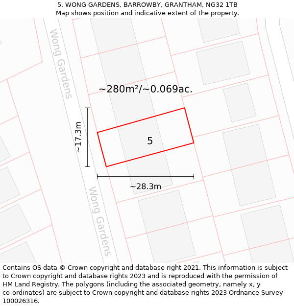 5, WONG GARDENS, BARROWBY, GRANTHAM, NG32 1TB: Plot and title map