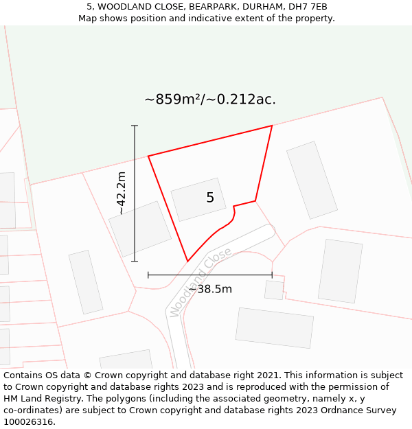 5, WOODLAND CLOSE, BEARPARK, DURHAM, DH7 7EB: Plot and title map