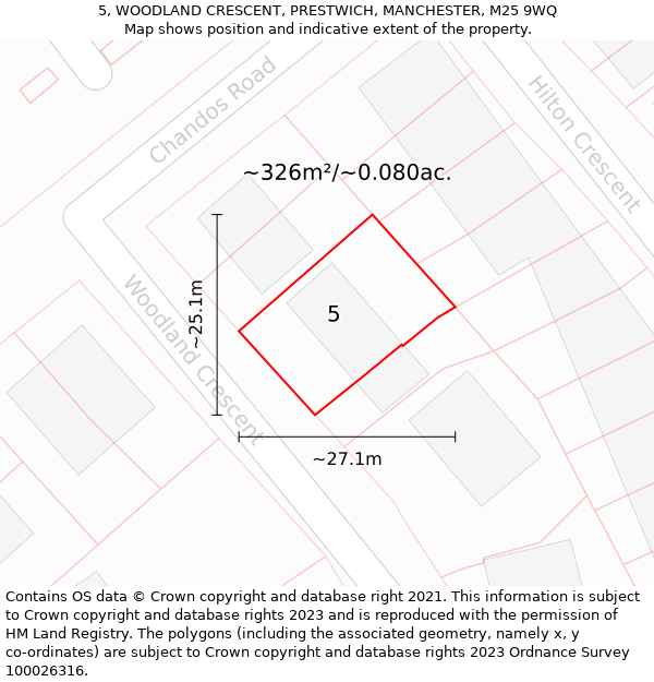 5, WOODLAND CRESCENT, PRESTWICH, MANCHESTER, M25 9WQ: Plot and title map