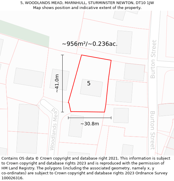 5, WOODLANDS MEAD, MARNHULL, STURMINSTER NEWTON, DT10 1JW: Plot and title map