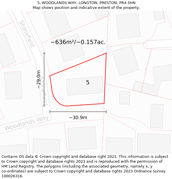 5, WOODLANDS WAY, LONGTON, PRESTON, PR4 5HN: Plot and title map