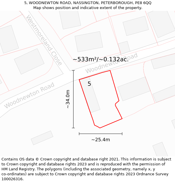 5, WOODNEWTON ROAD, NASSINGTON, PETERBOROUGH, PE8 6QQ: Plot and title map