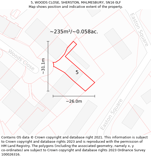 5, WOODS CLOSE, SHERSTON, MALMESBURY, SN16 0LF: Plot and title map