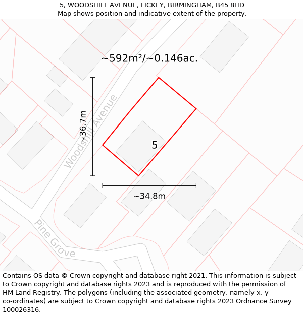 5, WOODSHILL AVENUE, LICKEY, BIRMINGHAM, B45 8HD: Plot and title map