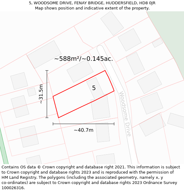 5, WOODSOME DRIVE, FENAY BRIDGE, HUDDERSFIELD, HD8 0JR: Plot and title map