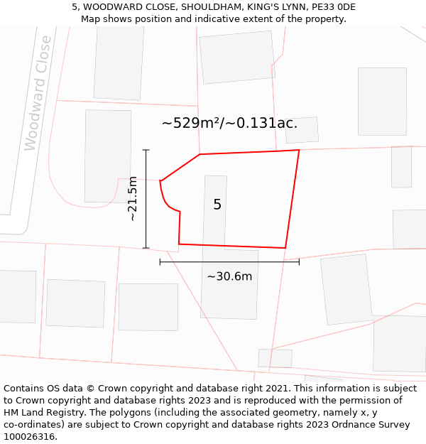 5, WOODWARD CLOSE, SHOULDHAM, KING'S LYNN, PE33 0DE: Plot and title map