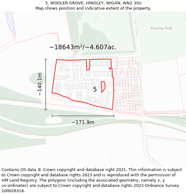 5, WOOLER GROVE, HINDLEY, WIGAN, WN2 3SU: Plot and title map