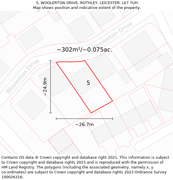 5, WOOLERTON DRIVE, ROTHLEY, LEICESTER, LE7 7UH: Plot and title map